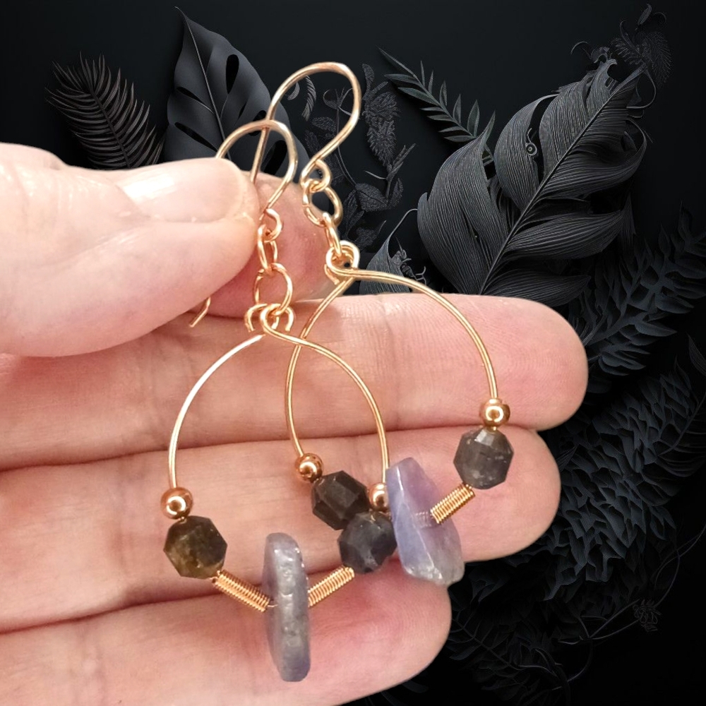 Artisan Iolite & Copper Hoop Earrings – Handcrafted Elegance
